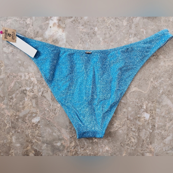 XS S M 🖤VS PINK Swim Shimmer Brazilian Bikini Bottom Blue - Picture 5 of 7